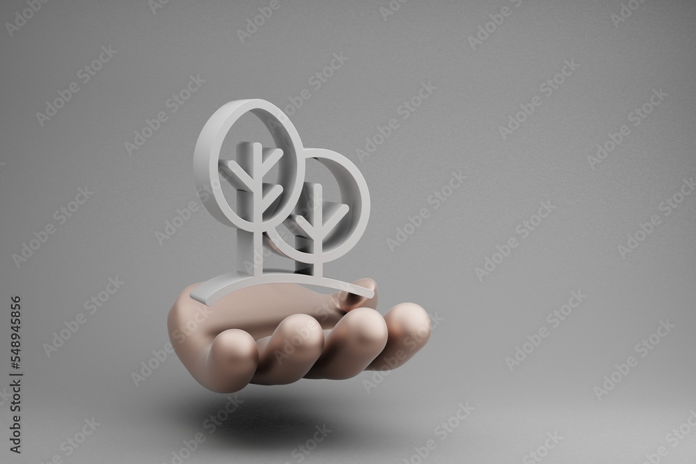 Leinwandbilder beautiful abstract illustrations golden hand holding forest symbol icon on a gray background. 3d ren