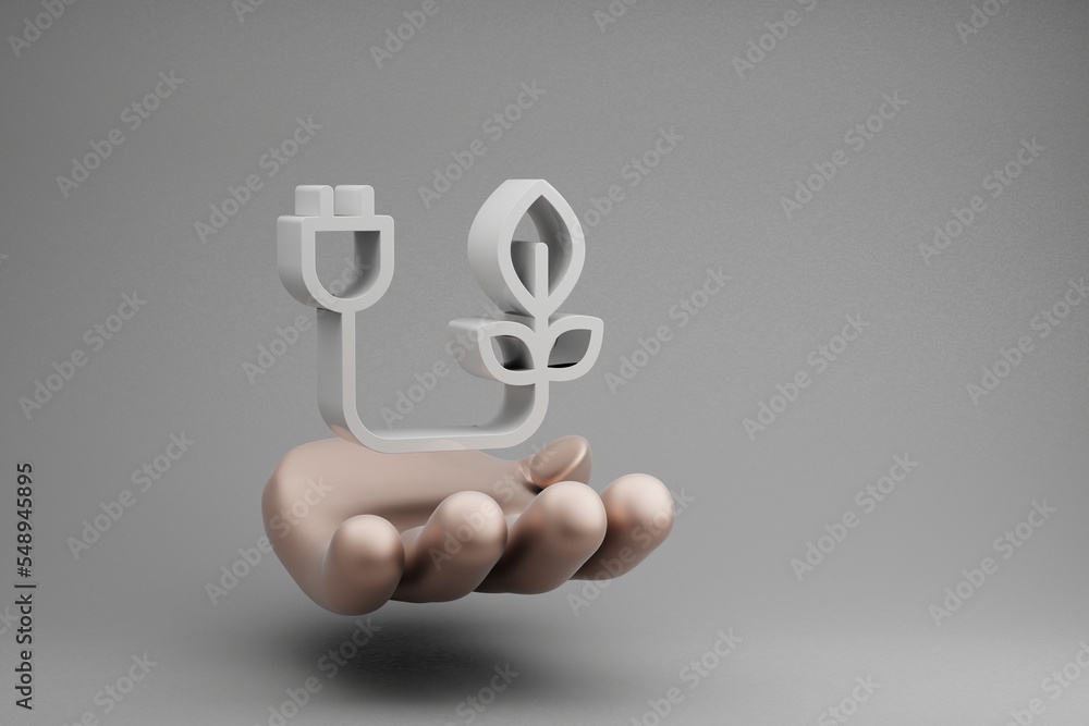 Fototapete beautiful abstract illustrations golden hand holding clean energy symbol icon on a gray background. 