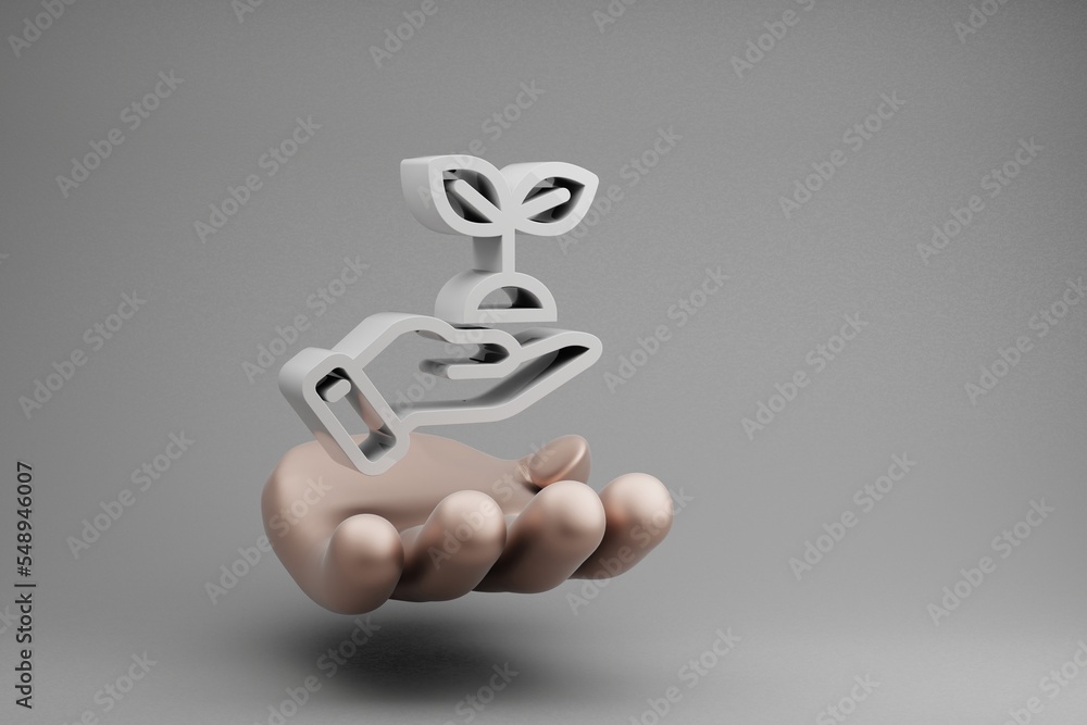 Poster beautiful abstract illustrations golden hand holding hand leaf symbol icon on a gray background. 3d 