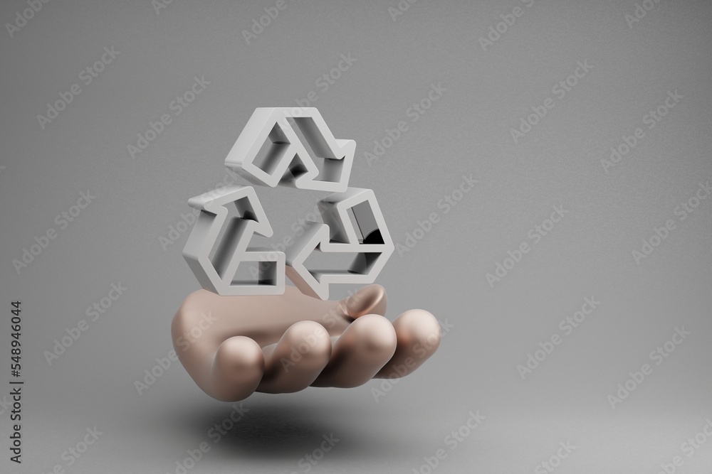 Fototapete Beautiful abstract illustrations Golden Hand Holding Recycle symbol icon on a gray background. 3d rendering illustration. Background pattern for design. Save Ecological..