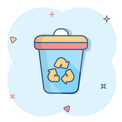 Garbage bin icon in comic style. Recycle cartoon vector illustration on white isolated background. Trash basket splash effect sign business concept.