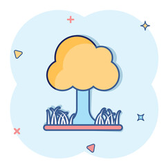 Tree icon in comic style. Forest cartoon vector illustration on white isolated background. Plant splash effect sign business concept.