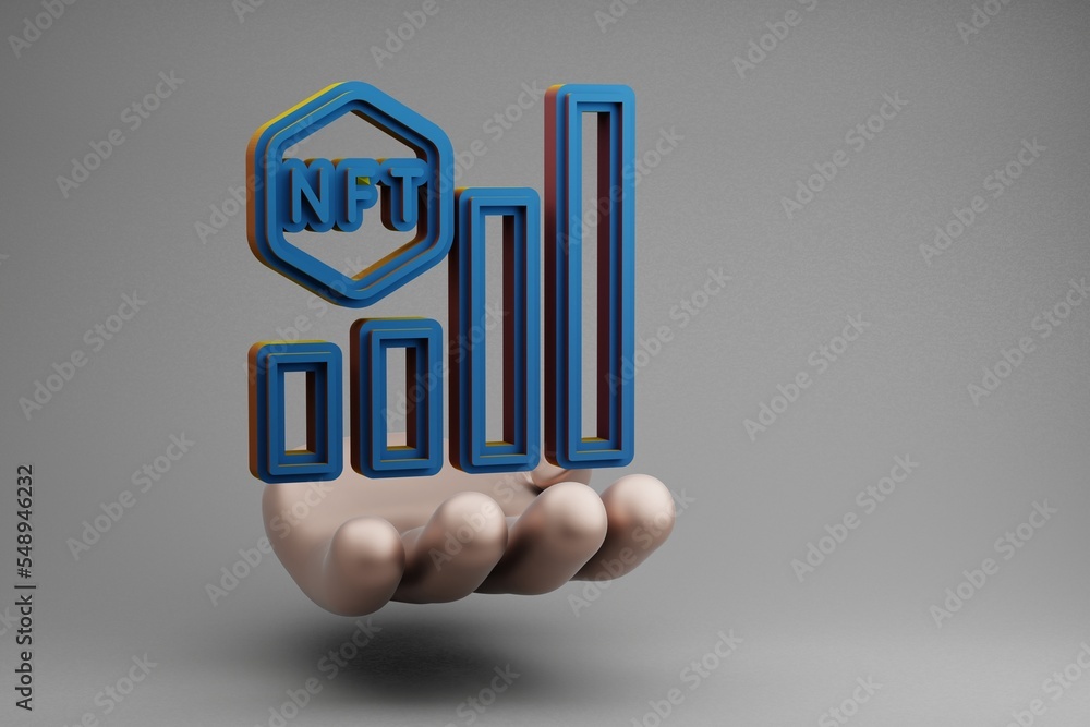 Leinwandbilder beautiful abstract illustrations golden hand holding blue nft bar chart symbol icon on a gray backgr