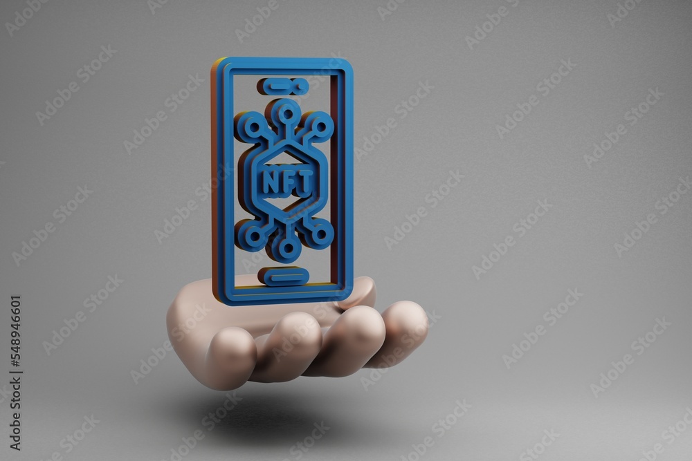Aufkleber beautiful abstract illustrations golden hand holding blue nft smartphone symbol icon on a gray backg