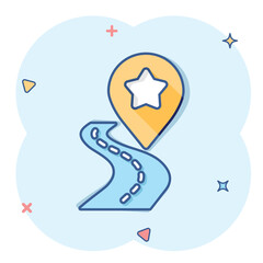 Map pin icon in comic style. gps navigation cartoon vector illustration on white isolated background. Locate position splash effect business concept.