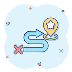 Map pin icon in comic style. gps navigation cartoon vector illustration on white isolated background. Locate position splash effect business concept.