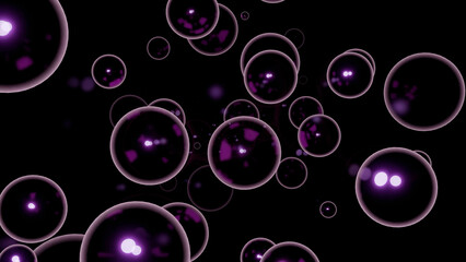 Soap bubbles floating on a black background. Design. Same size spherical silhouettes flying into the same direction.