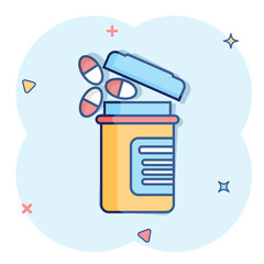 Pill bottle icon in comic style. Medical capsules cartoon vector illustration on white isolated background. Pharmacy sign business concept splash effect.