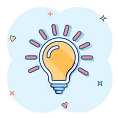 Light bulb icon in comic style. Lamp cartoon vector illustration on white isolated background. Idea, solution, thinking sign business concept splash effect.