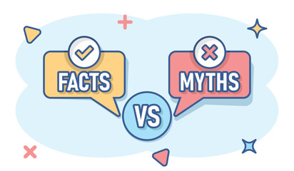 Myths vs facts icon in comic style. True or false cartoon vector illustration on white isolated background. Comparison sign business concept splash effect. - obrazy, fototapety, plakaty