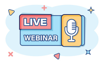 Live webinar icon in comic style. Online training cartoon vector illustration on isolated background. Conference stream splash effect sign business concept.
