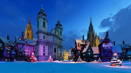 European city on a winter Christmas evening