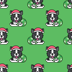 CUTE BORDER COLLIE DOG IS CARRYING PRESENT BAG SEAMLESS PATTERN