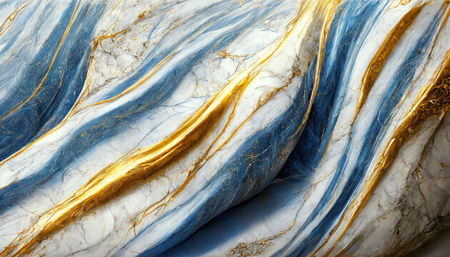 Fototapeta Abstract luxury marble background. Digital art marbling texture. Blue, gold and white colors 