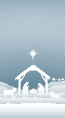 Banner Christian Christmas Nativity Scene of baby Jesus in the manger with Mary and Joseph in silhouette surrounded by animals and the three wise men magi with the city of Bethlehem in the distance