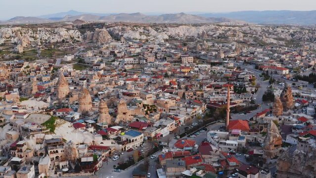 Cappadocia Turkey landscape at sunrise. Aerial photography. Aerial 4k top view of Cappadocia in Turkey