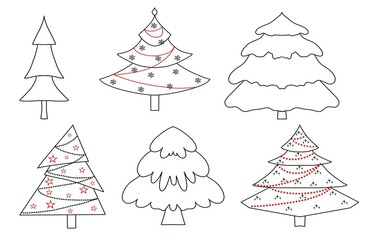 Set of Christmas trees. Hand drawing illustration. Isolated on white background