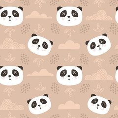 Cute panda bears seamless pattern. Funny baby vector print.