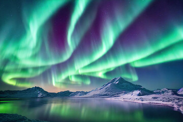  Northern Lights over lake. Aurora borealis with starry in the night sky. Fantastic Winter Epic...