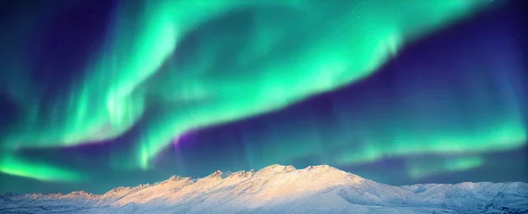 Poster Northern Lights over lake. Aurora borealis with starry in the night sky. Fantastic Winter Epic Magical Landscape of snowy Mountains.   © Abstract51