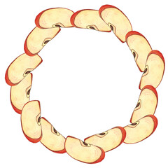 A delicious design frame made of red apple slices. Watercolor illustration, isolate.
