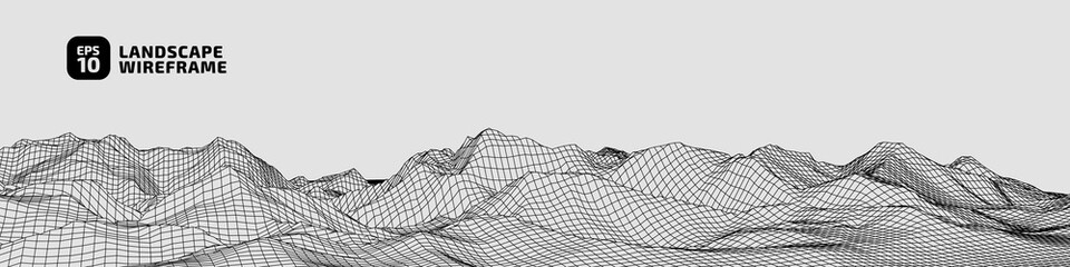Abstract rocky hills in the ocean wireframe background. 3D grid technology illustration landscape. Digital Terrain Cyberspace in Mountains with valleys. Ultra Wide Size. Dark on Light. Vector