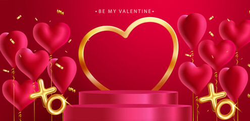 Valentine's day podium vector design. Be my valentine text with heart balloons and stage for product display presentation for holiday season background. Vector Illustration.
