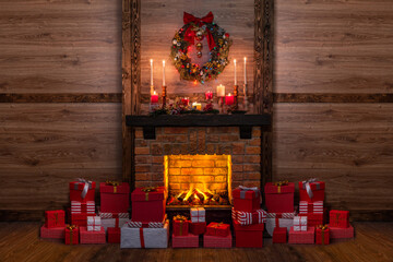 Many gift boxes near the Christmas fireplace in a festive interior of a Log Cabins with wooden...