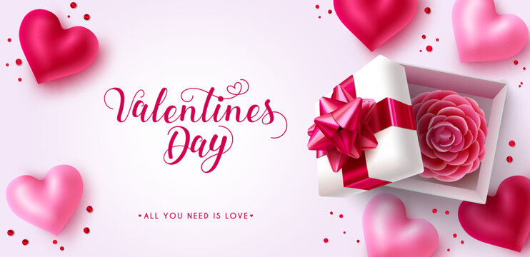 Valentine's day text vector background design. Happy valentine's day with gift box, hearts and camellia flower for greeting card decoration. Vector Illustration.

