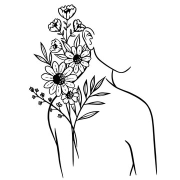 Young Girl With Flower Bunch Line Art