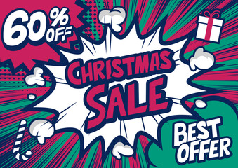 60%off Christmas sale typography pop art background, an explosion in comic book style.