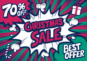 70%off Christmas sale typography pop art background, an explosion in comic book style.