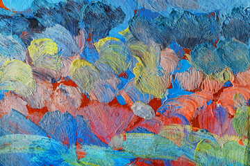 Abstract background closeup of a painting with brushstrokes. Rough art paint smear. Large multicolor spots of brush strokes and palette knife on the canvas