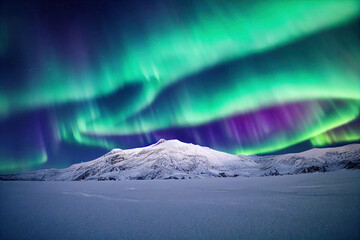 Northern Lights over lake. Aurora borealis with starry in the night sky. Fantastic Winter Epic Magical Landscape of snowy Mountains.  