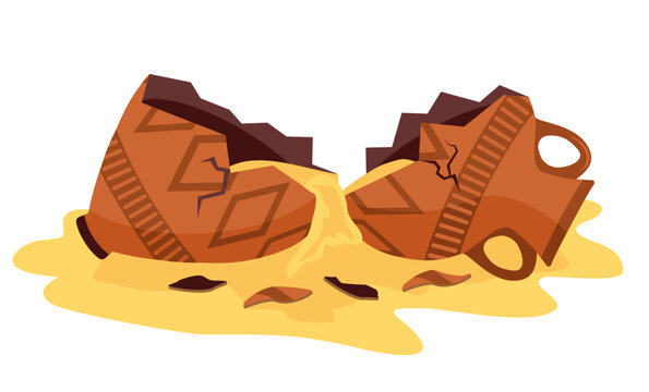 Broken old pottery. Broken Ancient Vase. Old greek jar vector. Cartoon clay pottery pot icon. Cracked greek pitcher. Excavations