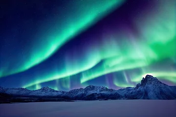 Fotobehang Northern Lights over lake. Aurora borealis with starry in the night sky. Fantastic Winter Epic Magical Landscape of snowy Mountains.   © Abstract51
