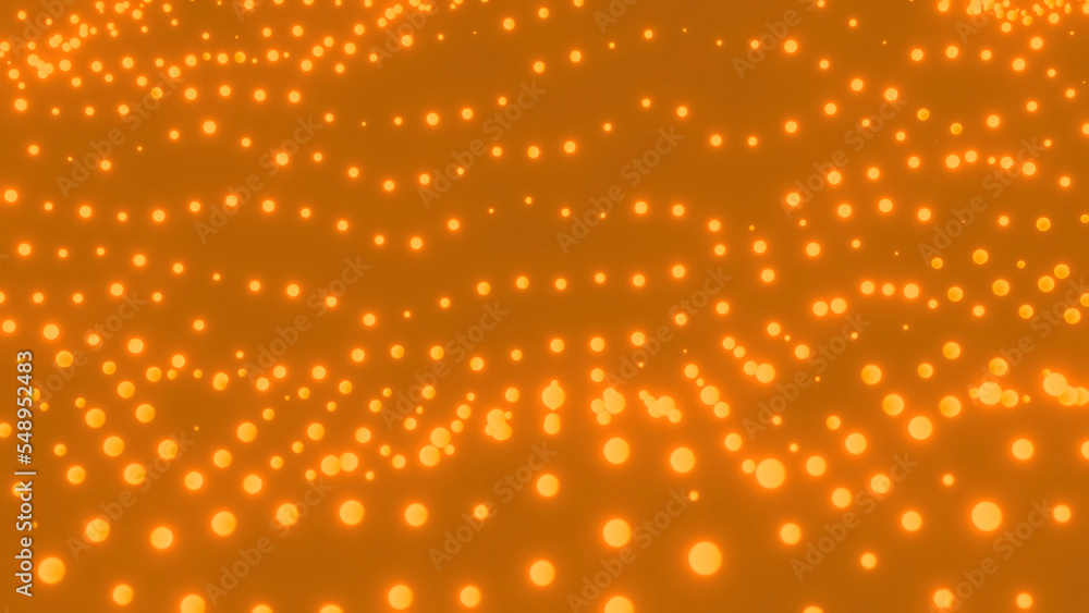Poster abstract wavy background with moving golden particles. design. field of tiny glowing spheres on a ye