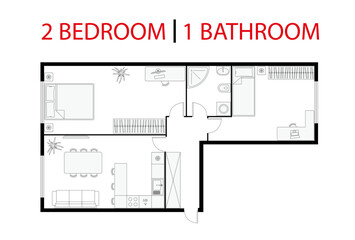 Plan floor apartment. Studio, condominium. Two bedroom layout floor plan. Interior design elements kitchen, bedroom, bathroom with furniture. Vector floorplan living room. Architectural plan