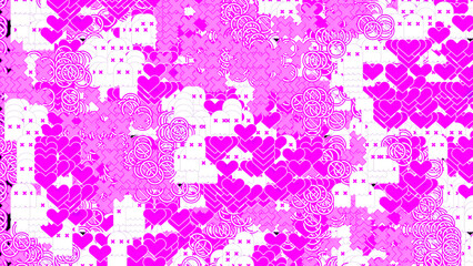 Abstract white background with chaotically blinking pink small hearts. Design. Romantic pink hearts and smile faces.