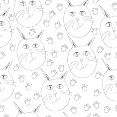 Seamless pattern with outline cats and paw prints, pets in kids style on a white background