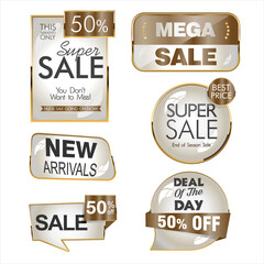 Obraz premium Collection of super sale golden badges on white background