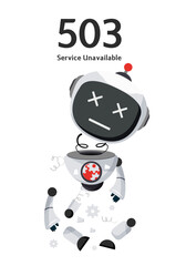 Robot unavailable character vector design. Website page 503 error with ai technology cyborg for system trouble shoot warning. Vector Illustration.
