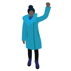 Fototapeta na wymiar A black girl in a long blue jacket and a winter hat stands with her hand raised, flat vector, isolated on white, protest, faceless illustration
