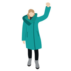 A girl in a winter long green jacket stands with her hand raised, flat vector, isolated on white, protest, faceless illustration © Liudmyla