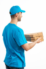 Pizza Delivery Driver with pizza box. Courier in uniform cap and t-shirt service fast delivering orders. Young man holding a cardboard package. Character on isolated white background