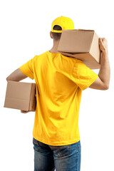 Delivery man with a box. Courier in uniform cap and t-shirt service fast delivering orders. Young guy holding a cardboard package. Character on isolated white background for mockup design