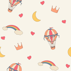 children colorful pattern with air balloons, rainbow and hearts