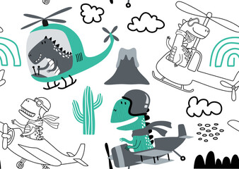 seamless pattern with with Cute dinosaurs flying in airplane. © andin