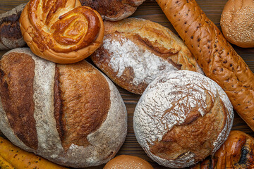 Homemade freshly baked bread. Wood rustic table, board. Bakery and baked goods bars, baguette, buns, rolls, biscuits and loaf breads, cookies, cakes, cheesecakes and pies, muffins.