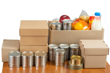 Help Collection Center, Free Food Distribution. Volunteering, food donation box grocery set for...